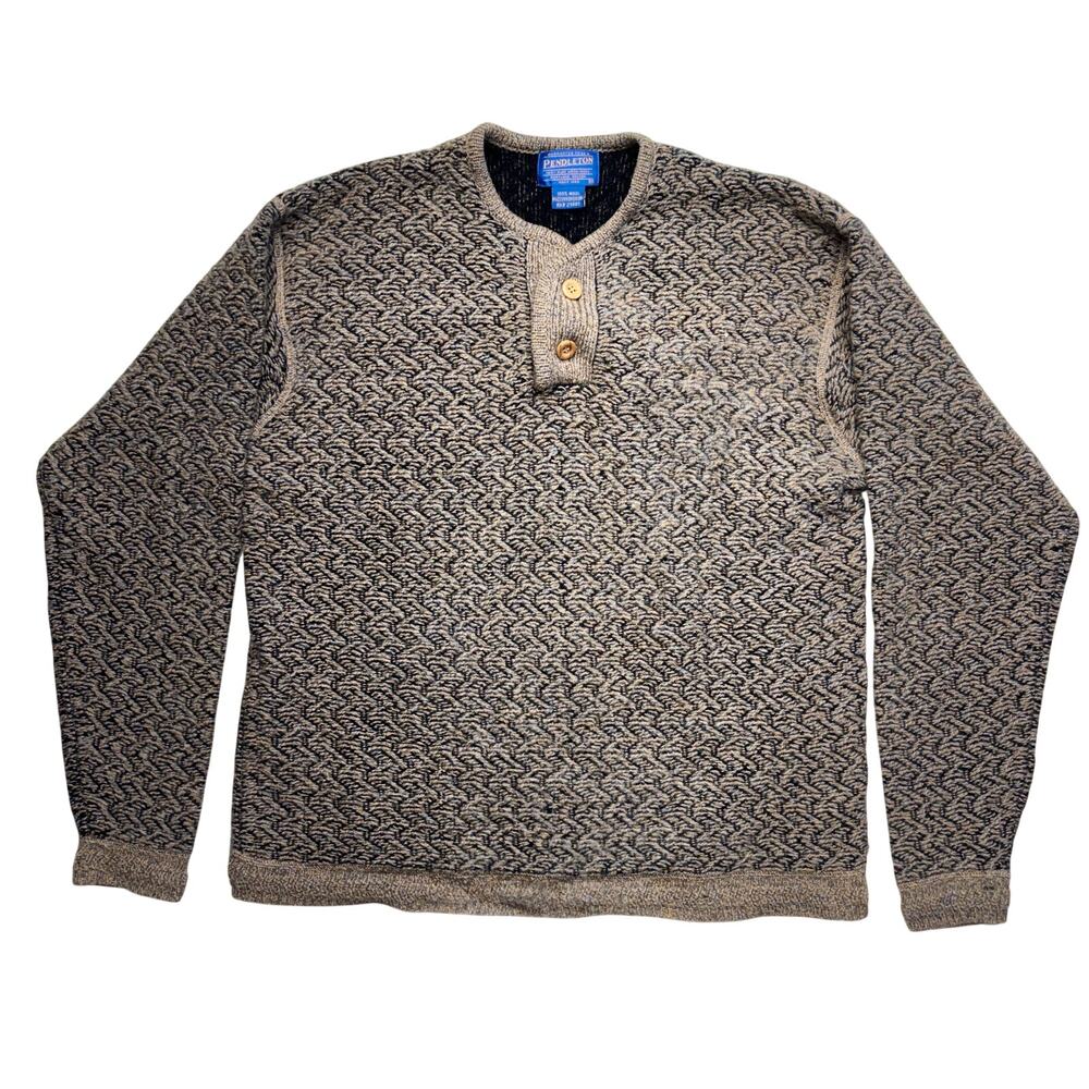 Vintage Pendleton Sweater Medium Mens  Brown Wool Henley Knit Hong Kong Pullover